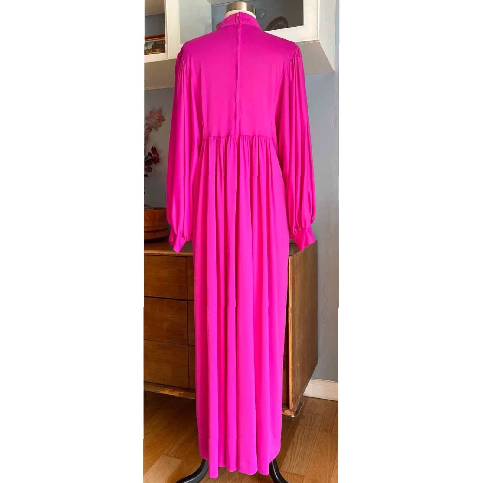 Vintage VTG Montgomery Ward Pink Maxi Dress Boho Retro House Dress M/L 70s Bohemian Nylon 55” Back Zipper Mens? (no) Size M / US 6-8 / IT 42-44 - 3 Thumbnail