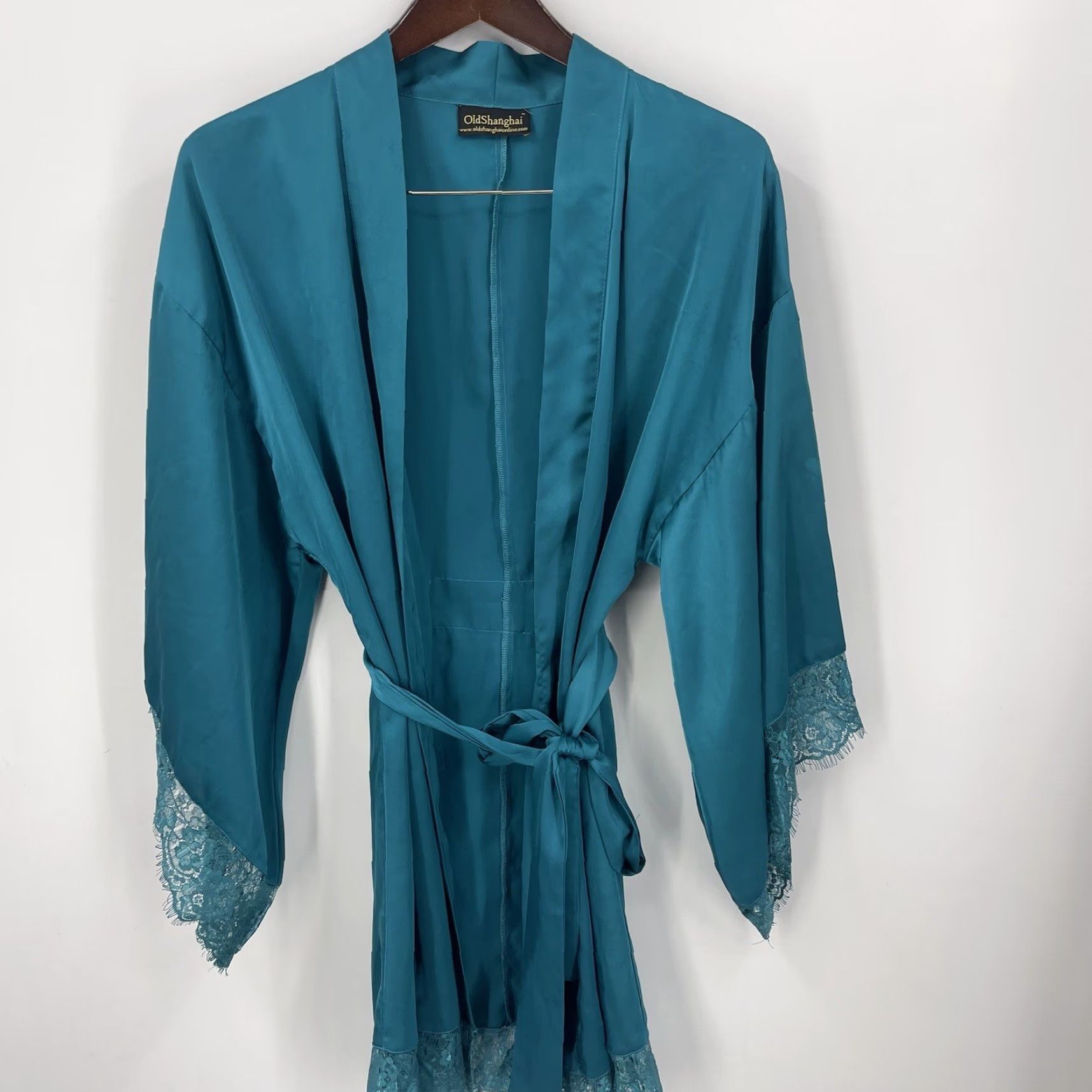 Vintage Old Shanghai Robe Womens Small Green Satin Kimono Lace Trim Tie Boho READ Size ONE SIZE - 4 Thumbnail