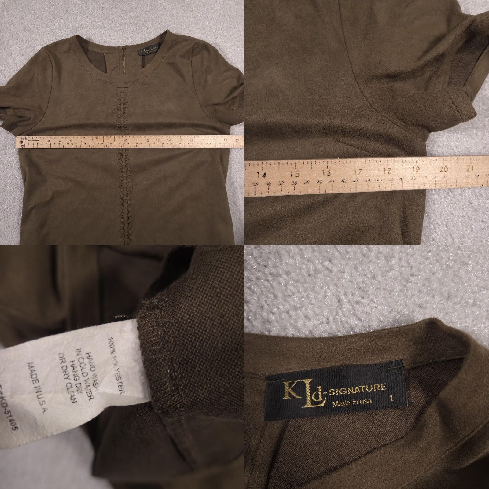 Vintage KLd Signature Dress Womens Large Brown Faux Suede Short Sleeve Shift Made USA Size 36" / US 14 / IT 50 - 8 Thumbnail