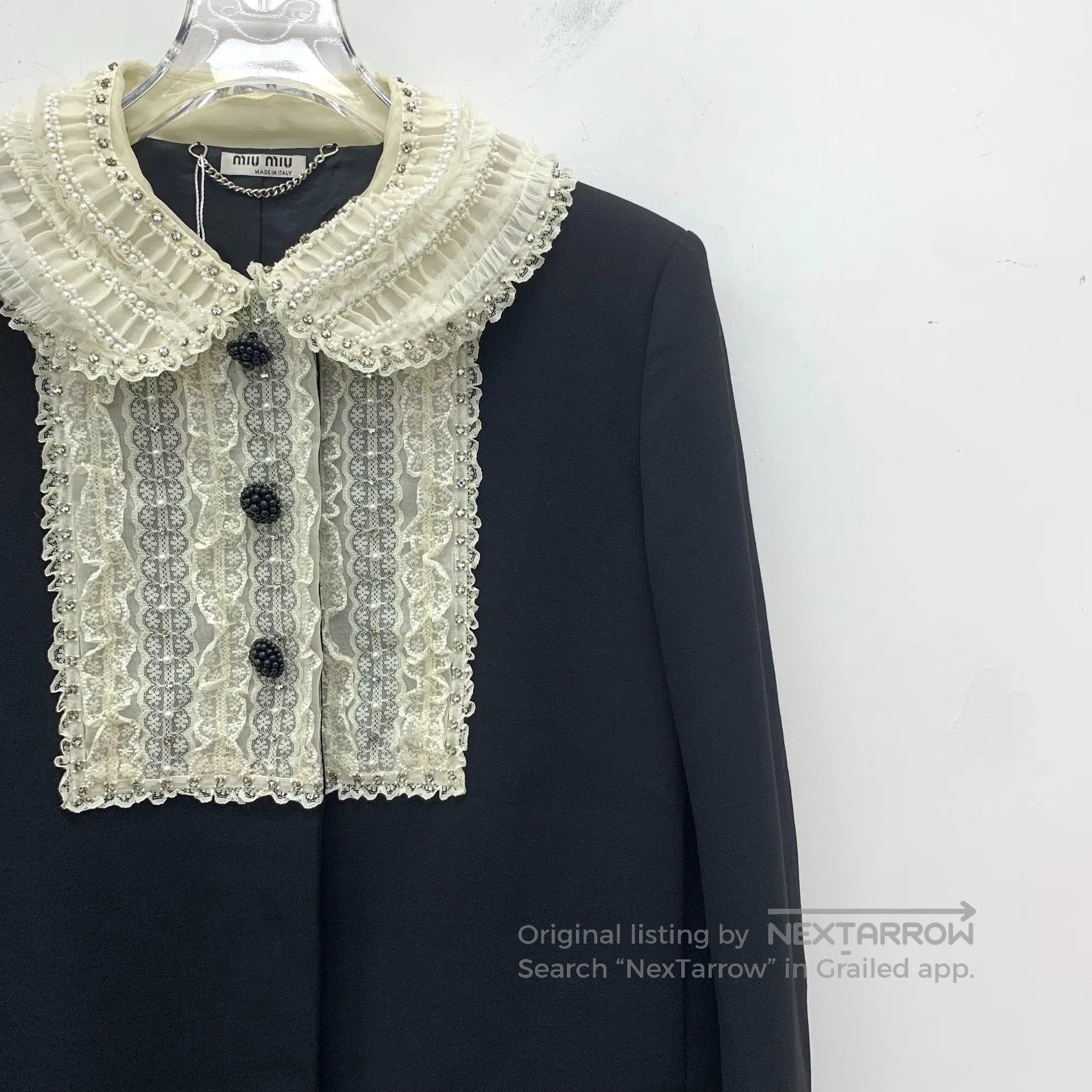 Miu Miu Miu Miu Black Lace Peter Pan Collar Pearl Trim Long-Sleeve Size S / US 4 / IT 40 - 3 Thumbnail
