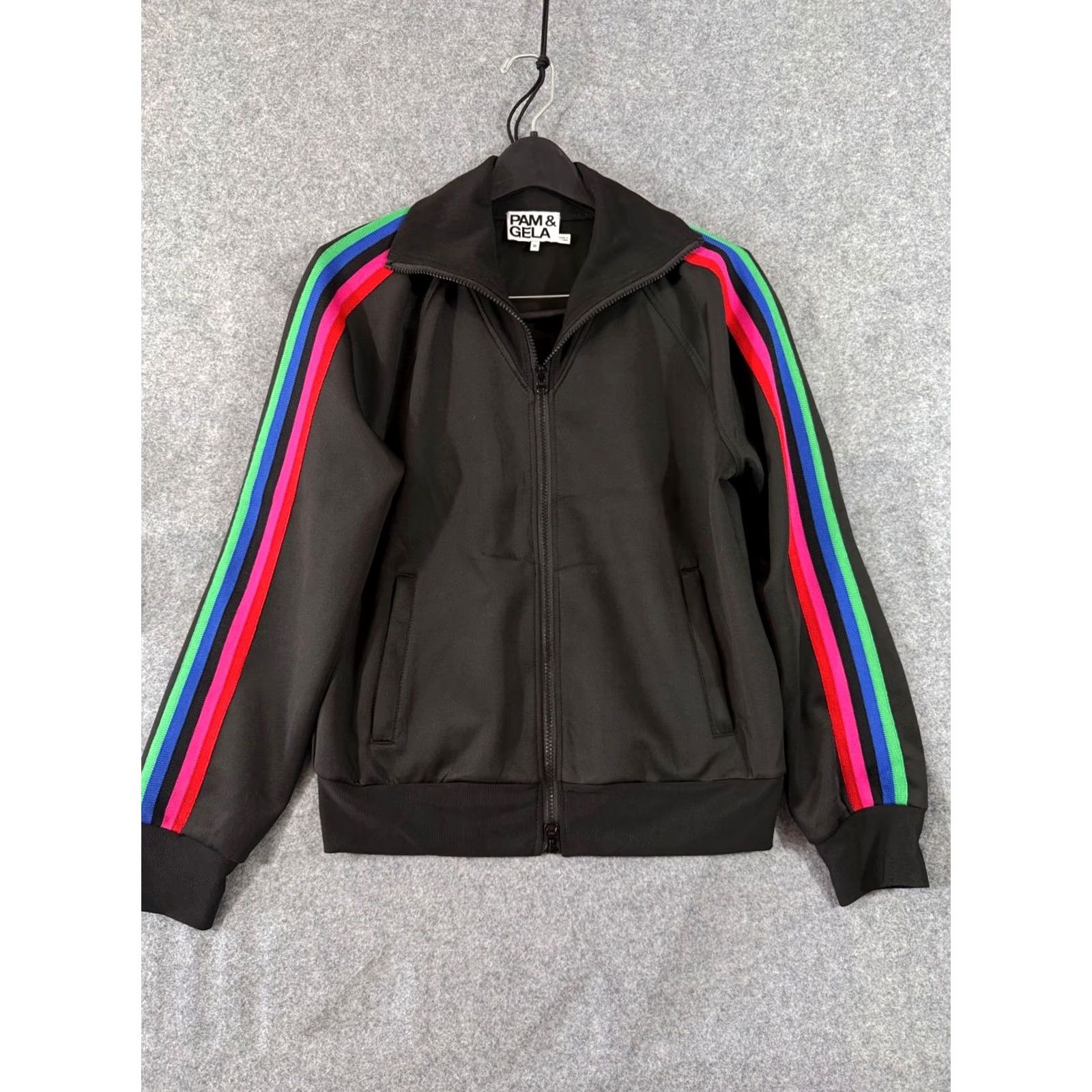 Rainbow Pam & Gela Track Jacket Womens M Black Full Zip Rainbow Sleeve Pockets Size M / US 6-8 / IT 42-44 - 3 Thumbnail