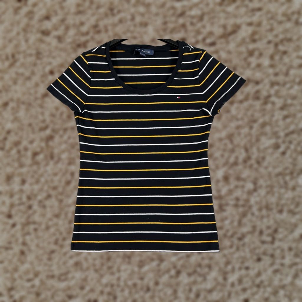Tommy Hilfiger VINTAGE Tommy Hilfiger Shirt Juniors M Black Yellow White Stripe Scoop Neck Cotton Size M / US 6-8 / IT 42-44 - 1 Thumbnail