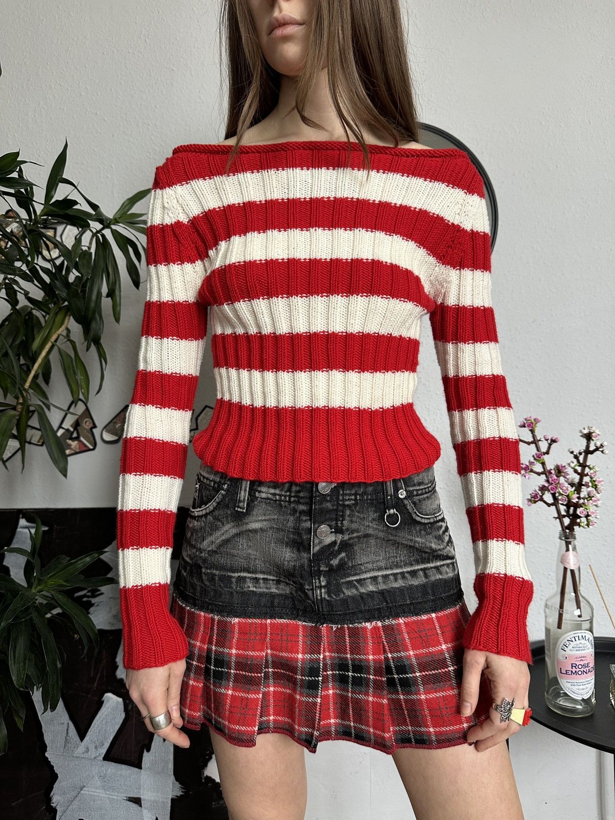 Japanese Brand × Seditionaries Striped Off-the-Shoulder Slim Skinny Grunge Sweater Size ONE SIZE - 1 Thumbnail