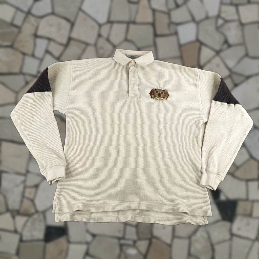VINTAGE Disney Polo Shirt Mens Small Beige Long Sleeve Waffle Knit Thermal 1998 Animal Theme