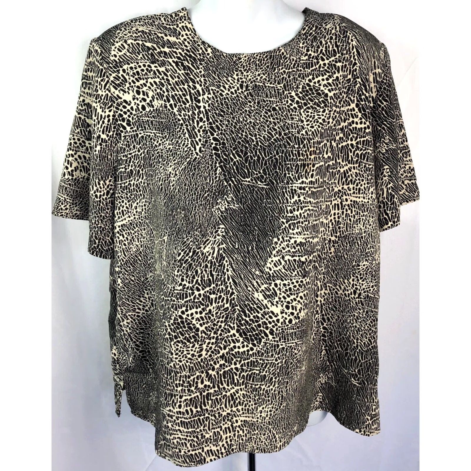 Vintage Kathy Che Top Blouse L Tan Black Print Scoop Neck Short Sleeves Boho Y2K Animal Abstract Shirt Womens Size L / US 10 / IT 46 - 2 Thumbnail