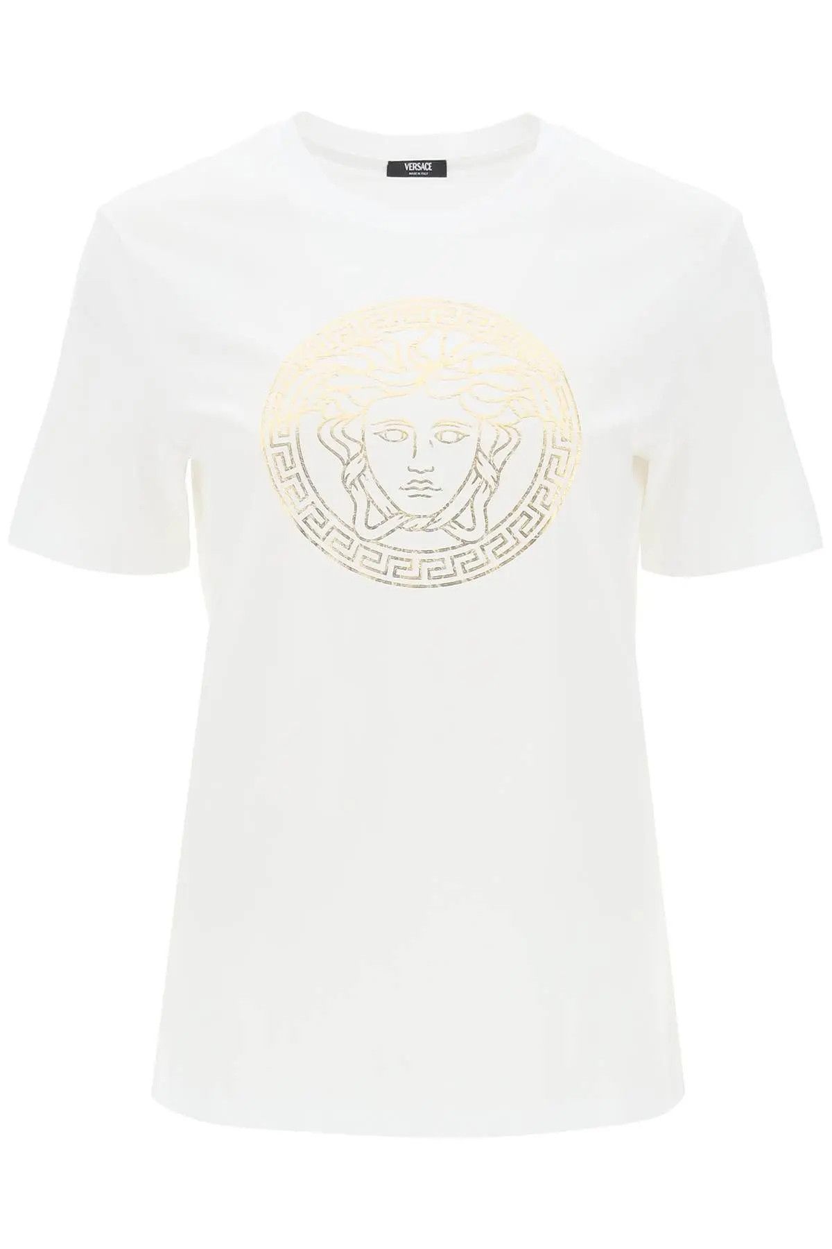 Image of Versace O1S22I1N1223 Crew-Neck T-Shirt In White Gold, Women's (Size Small)