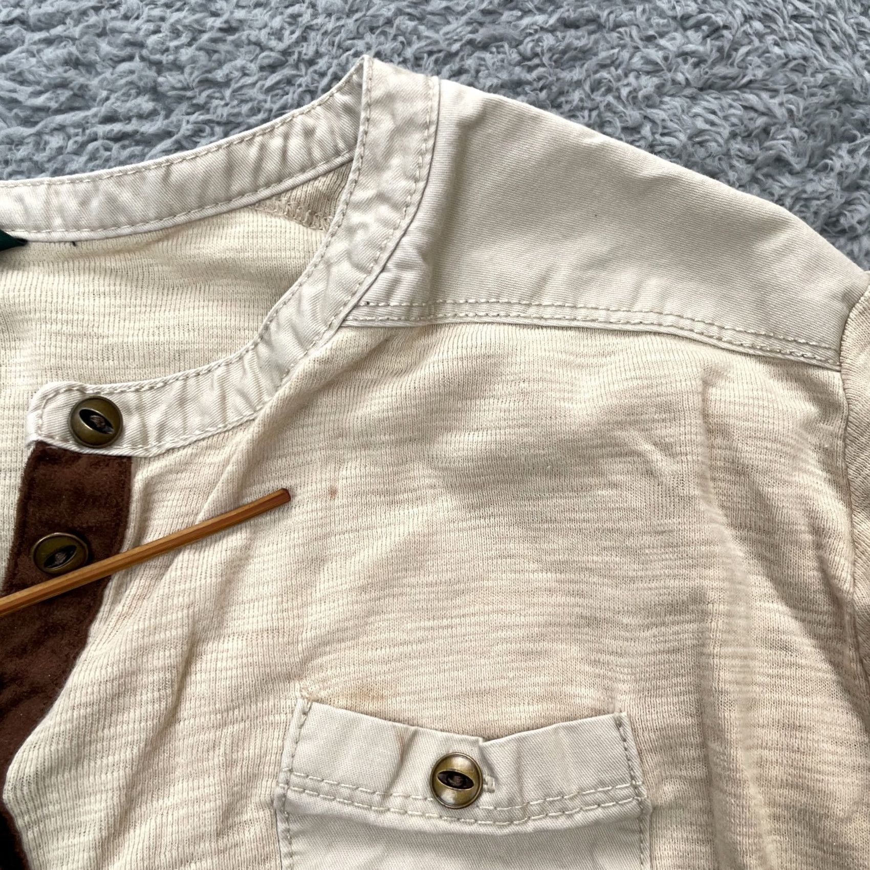 Ralph Lauren Lauren Ralph Lauren Womens Large Beige Cotton Henley Shirt Leather Trim Top Size L / US 10 / IT 46 - 6 Thumbnail