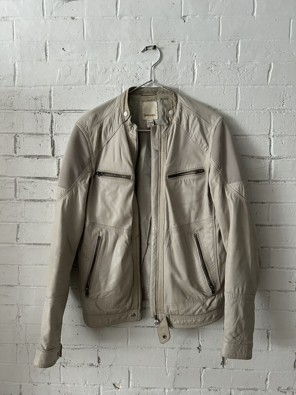 image of Diesel Leather Moto Jacket in White, Men's (Size Large)