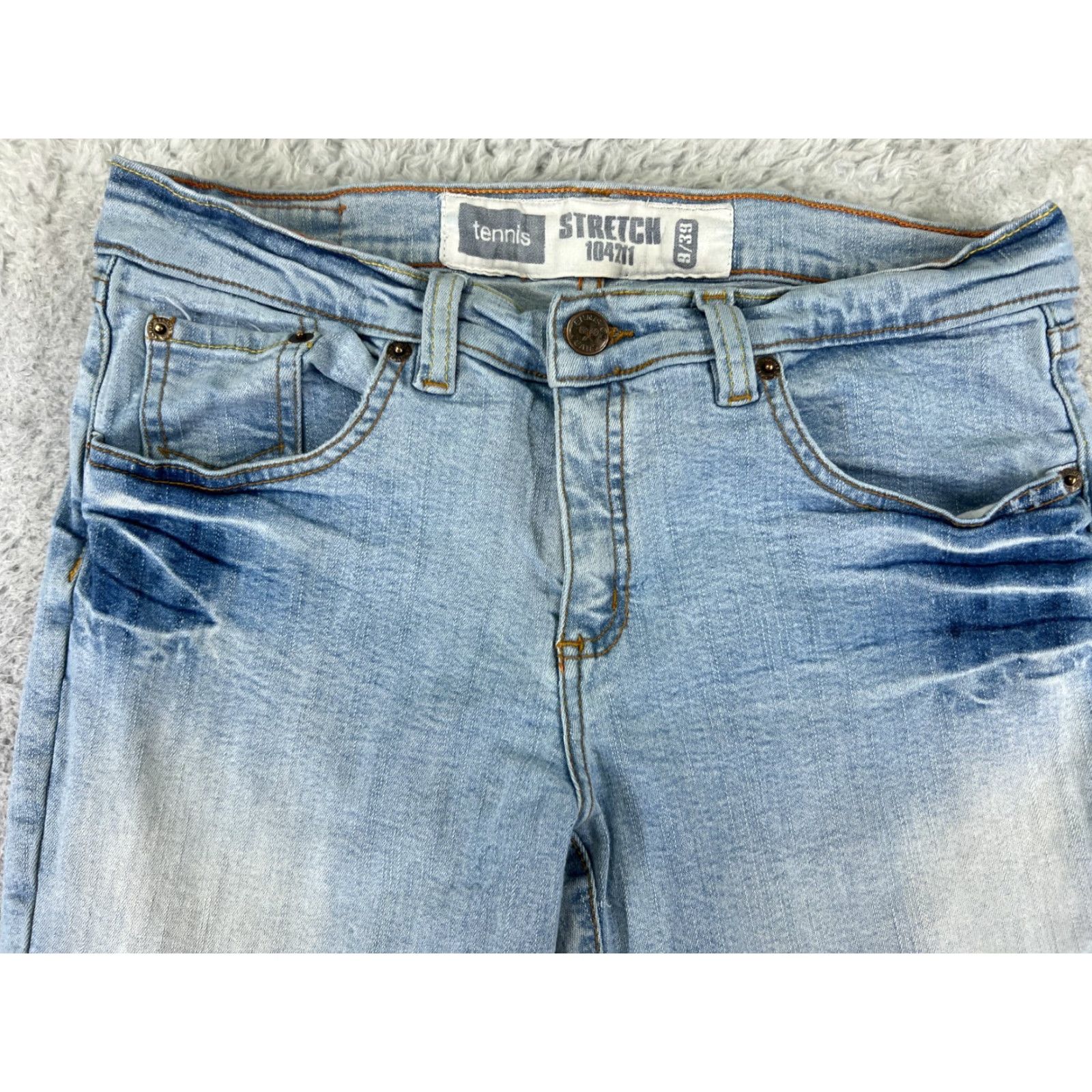 CO Tennis Jeans Co Jeans Women's 27x33 Blue Denim Distressed Flared 9 Regular Inseam 33 Cotton Blend 5-Pocket Closure Zip Vintage No Size 30" / US 8 / IT 44 - 4 Thumbnail