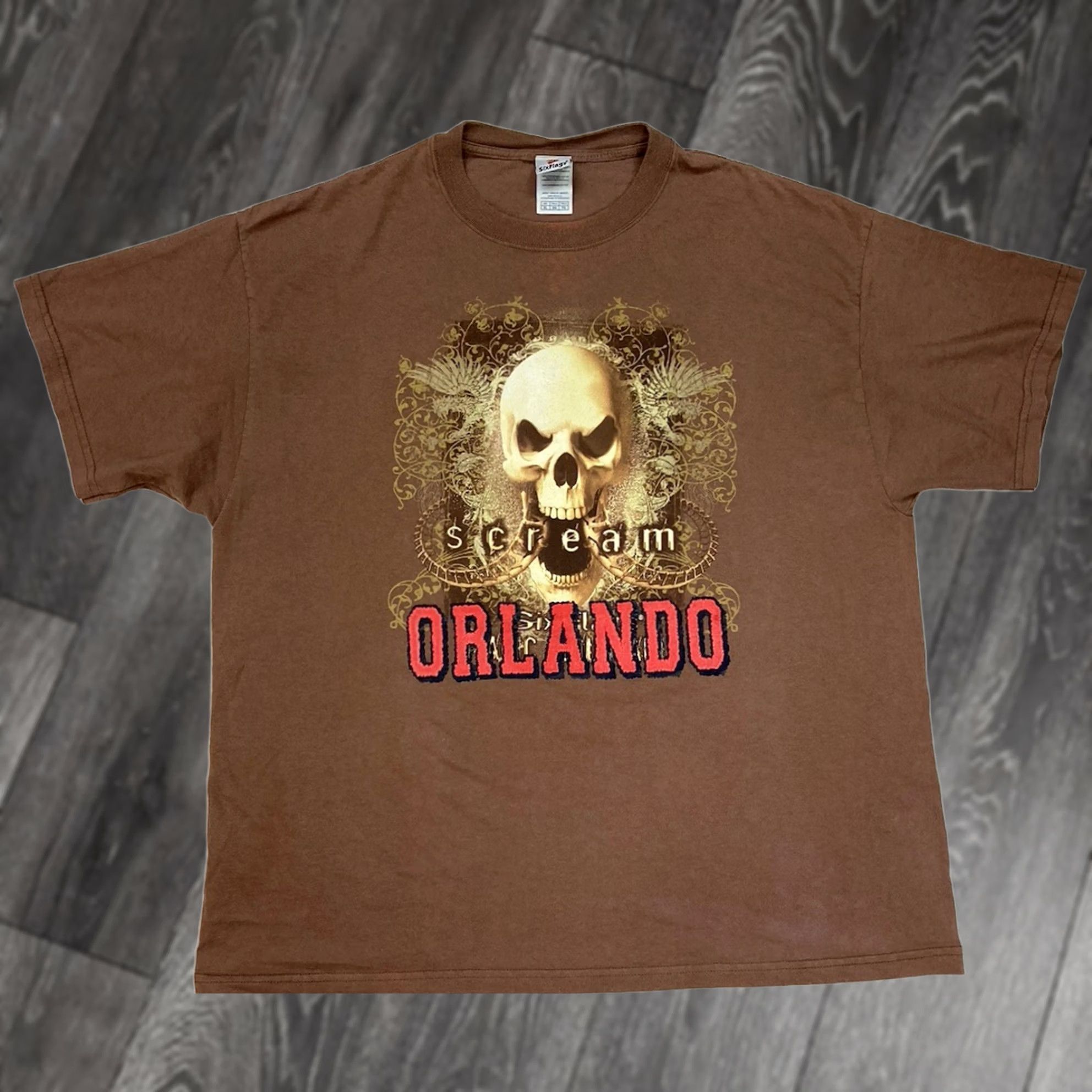 Vintage VINTAGE Six Flags Scream Skull Orlando Graphic T-shirt Men XL Brown Size US XL / EU 56 / 4 - 1 Thumbnail