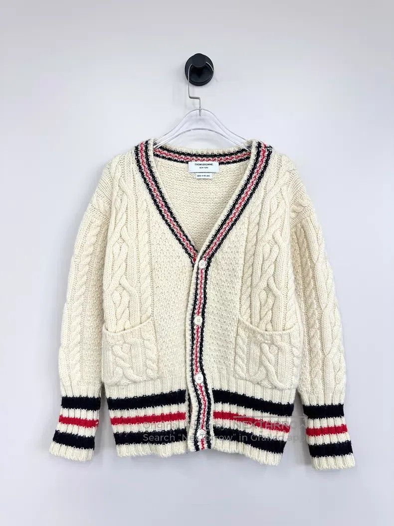 Thom Browne Thom Browne Beige striped wool knit cardigan Size US M / EU 48-50 / 2 - 1 Thumbnail