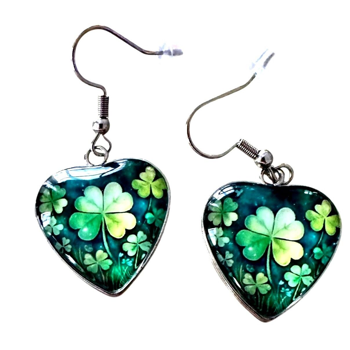 Handmade Shamrock Earrings St Patricks Day Clover Heart Shaped Dangle Size ONE SIZE - 4 Thumbnail