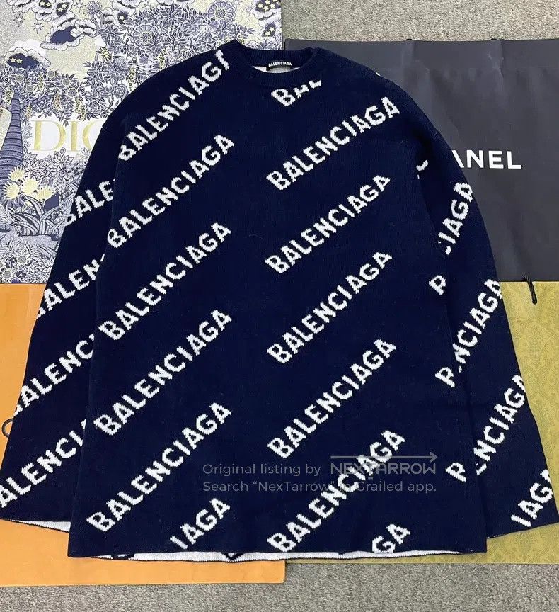 Balenciaga Balenciaga Blue and White Letter Logo Wool Sweater Size US S / EU 44-46 / 1 - 1 Thumbnail