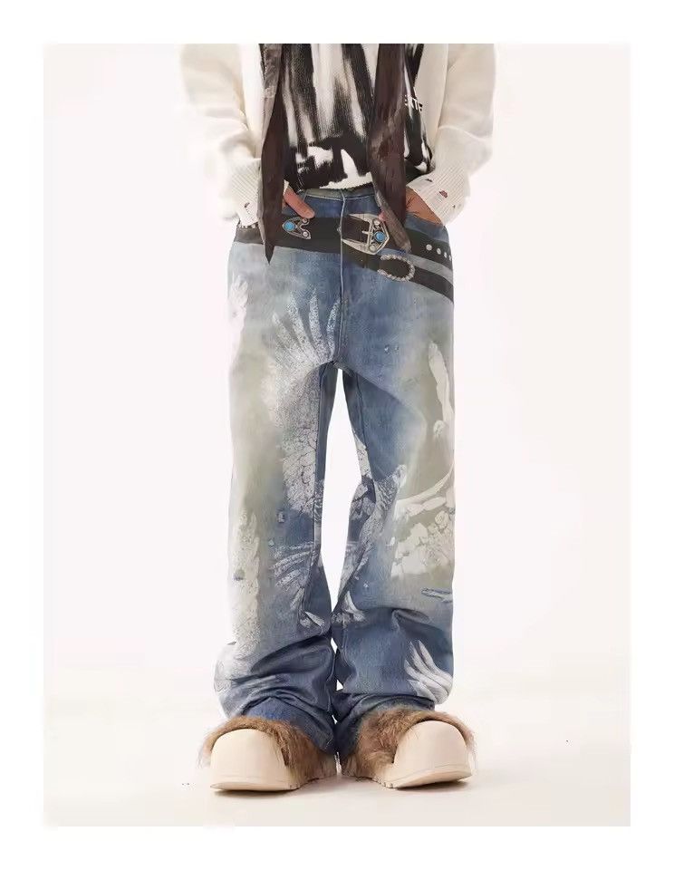 Jean Streetwear Baggy Loose Printed Washed Outdoor Jeans Pants Size US 31 - 11 Thumbnail
