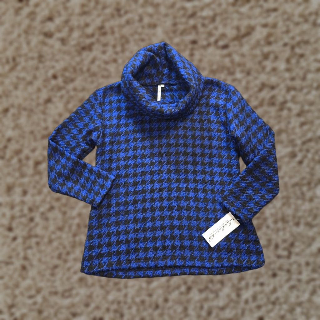 Vintage Lulu B Sweater Women XS Blue Black Houndstooth Cowl Neck Long Sleeve Casual Pullover Knit Heavyweight Winter Fall Spring Size XS / US 0-2 / IT 36-38 - 1 Thumbnail