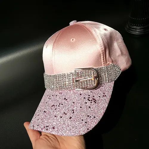 Jewelry Pink Satin Glitter Baseball Cap with Rhinestone Belt Size ONE SIZE - 1 Thumbnail