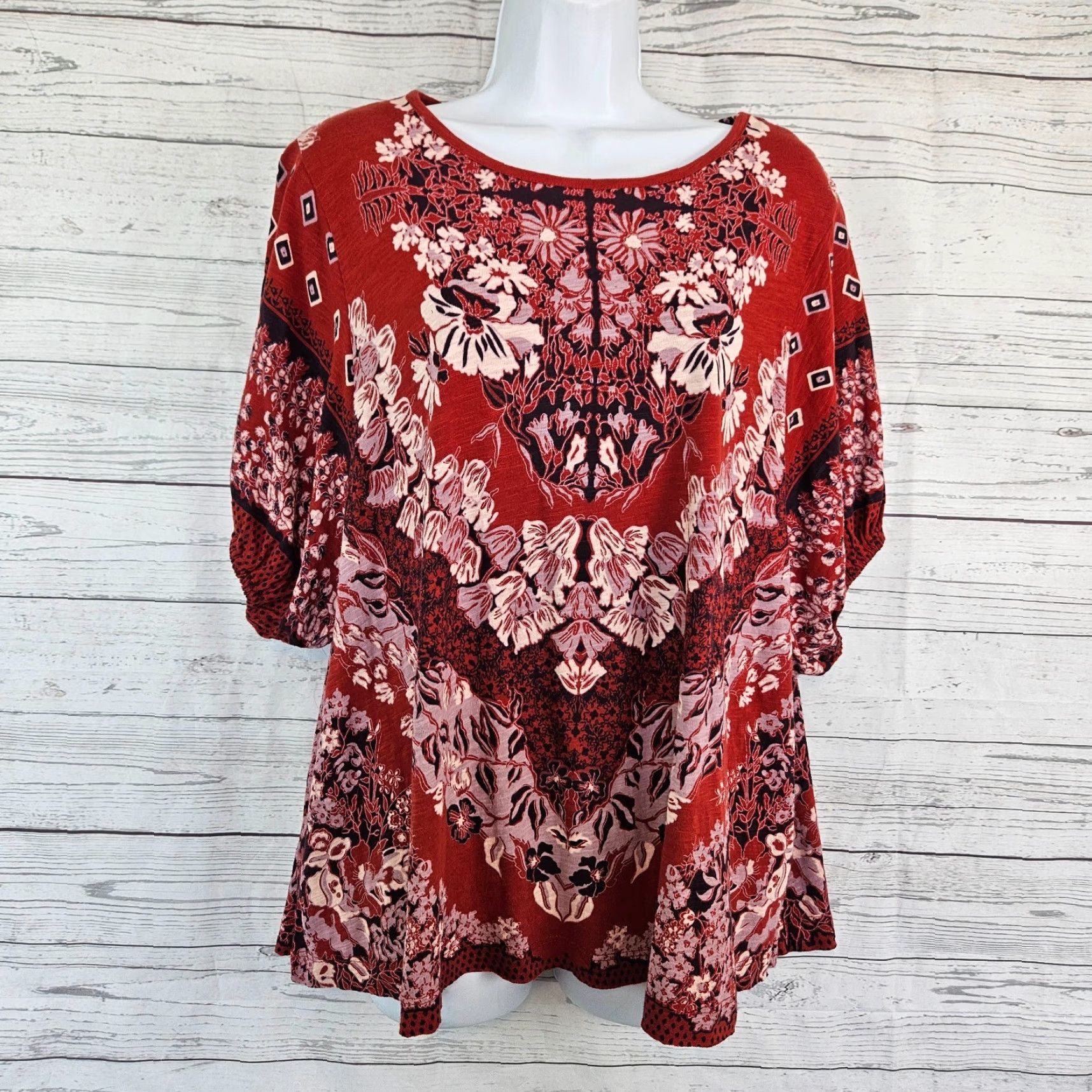 Free People Free People Womens T-Shirt Oversized Tee Size S Red Purple Floral Cotton Boho Shirt Womens Size S / US 4 / IT 40 - 2 Thumbnail