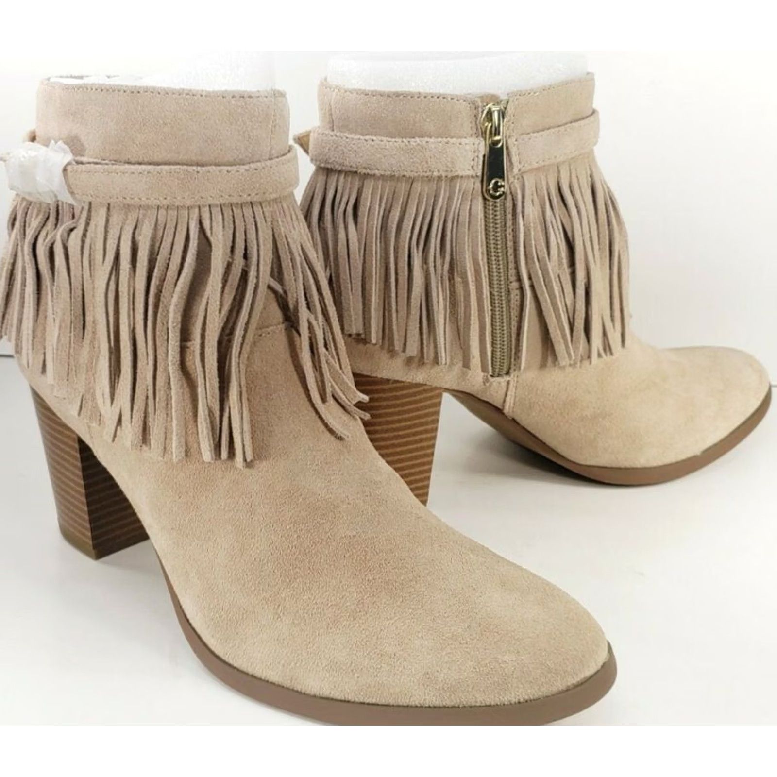 Vintage C. Wonder Willa Booties Fringe Zip Up Beige Leather Block Heel Khaki 9.5M Womens Bootie Size ONE SIZE - 2 Thumbnail