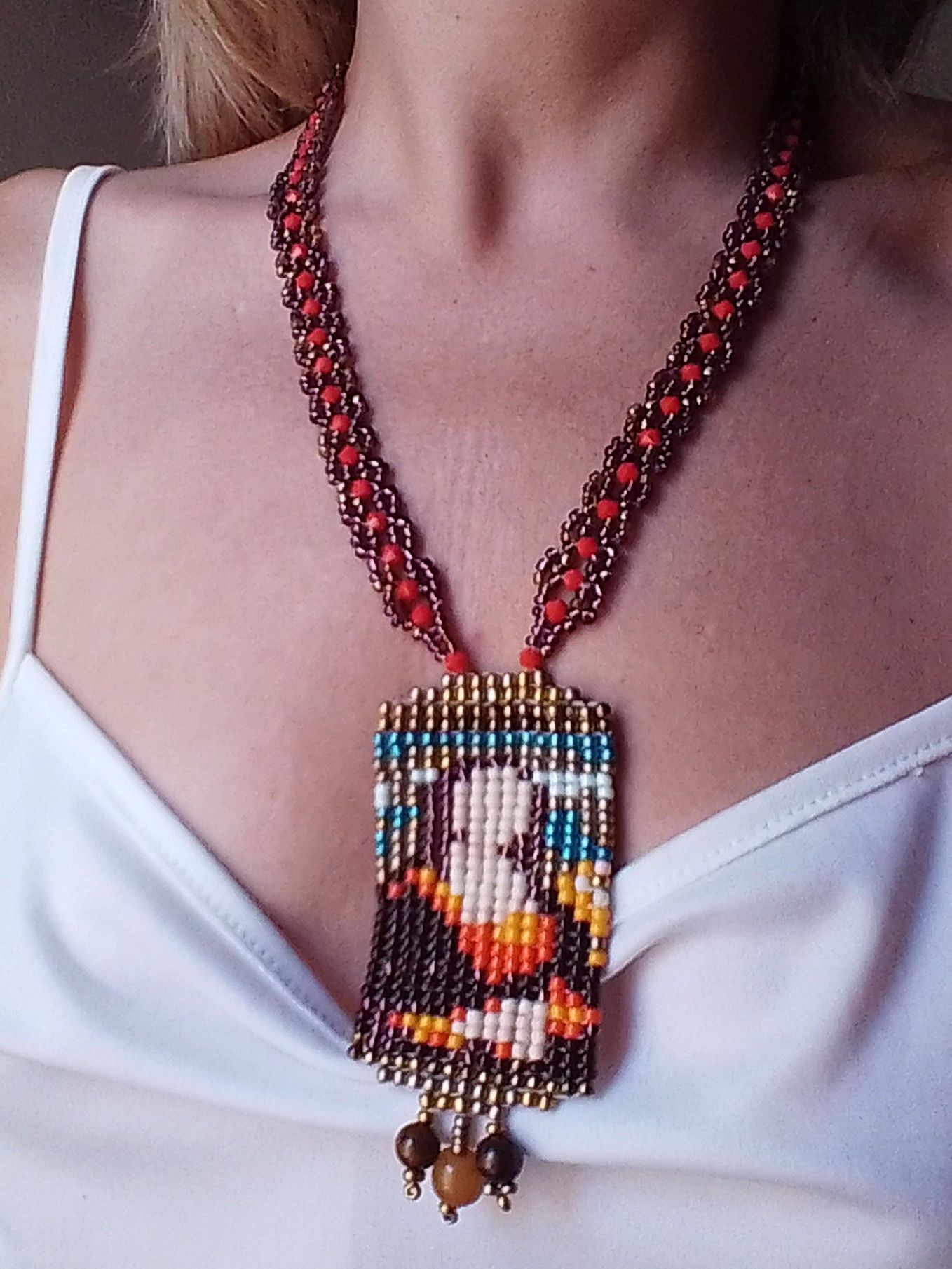 Handmade Long Boho Necklace Mona Lisa pendant natural gemstones Size ONE SIZE - 3 Thumbnail