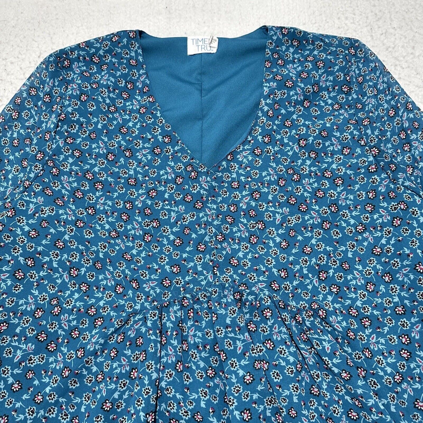 Other Time & Tru Medium Blue Colorful Floral V-Neck A-Line Dress Size M / US 6-8 / IT 42-44 - 2 Thumbnail