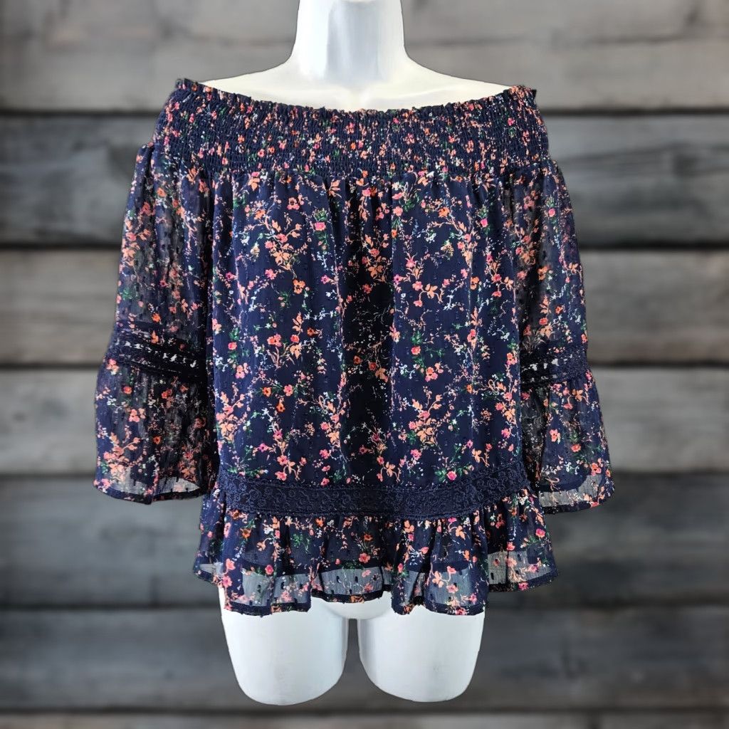 Vintage Skies Are Blue Womens Off The Shoulder Top Petite Small Blue Floral 3/4 Sleeve Blouse Size S / US 4 / IT 40 - 1 Thumbnail