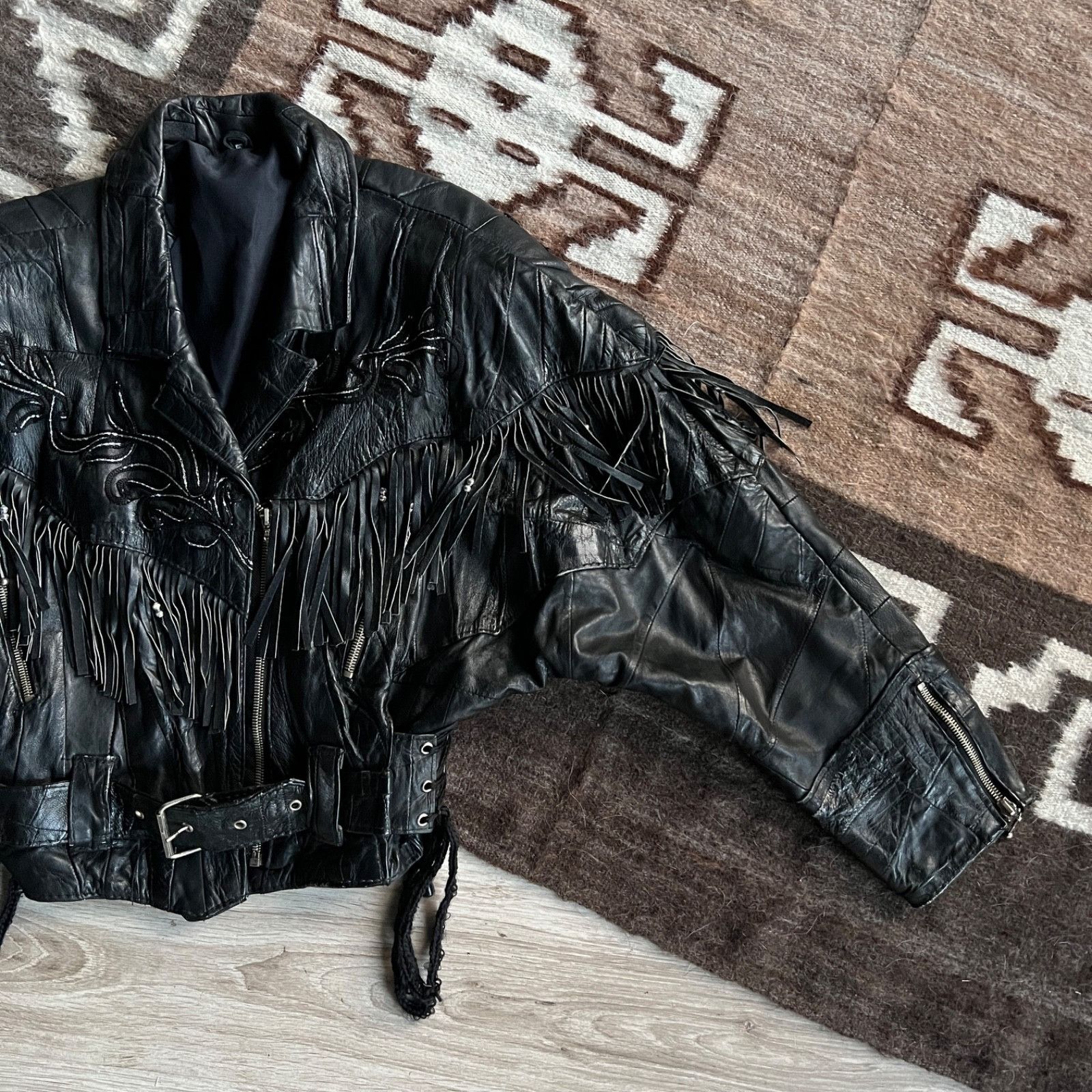 Leather Vintage Leather Fringe Western Biker Patchwork Jacket 9723AC Size S / US 4 / IT 40 - 9 Thumbnail