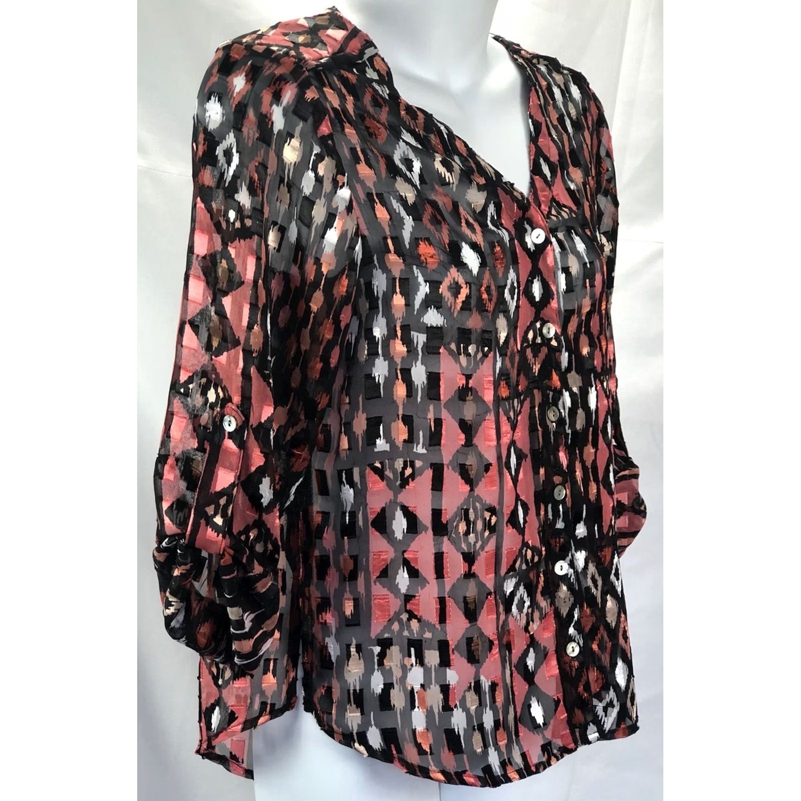 Vintage Vintage Sheer Chiffon Top 4P Blk/Orange Aztec Mod LongSleeve RollTab Boho Grunge Size S / US 4 / IT 40 - 2 Thumbnail