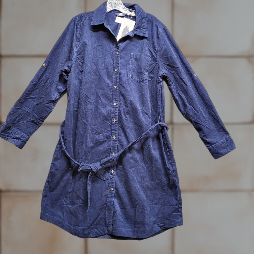Lands' End Women's Shirt Dress Large Blue Corduroy Long Sleeve