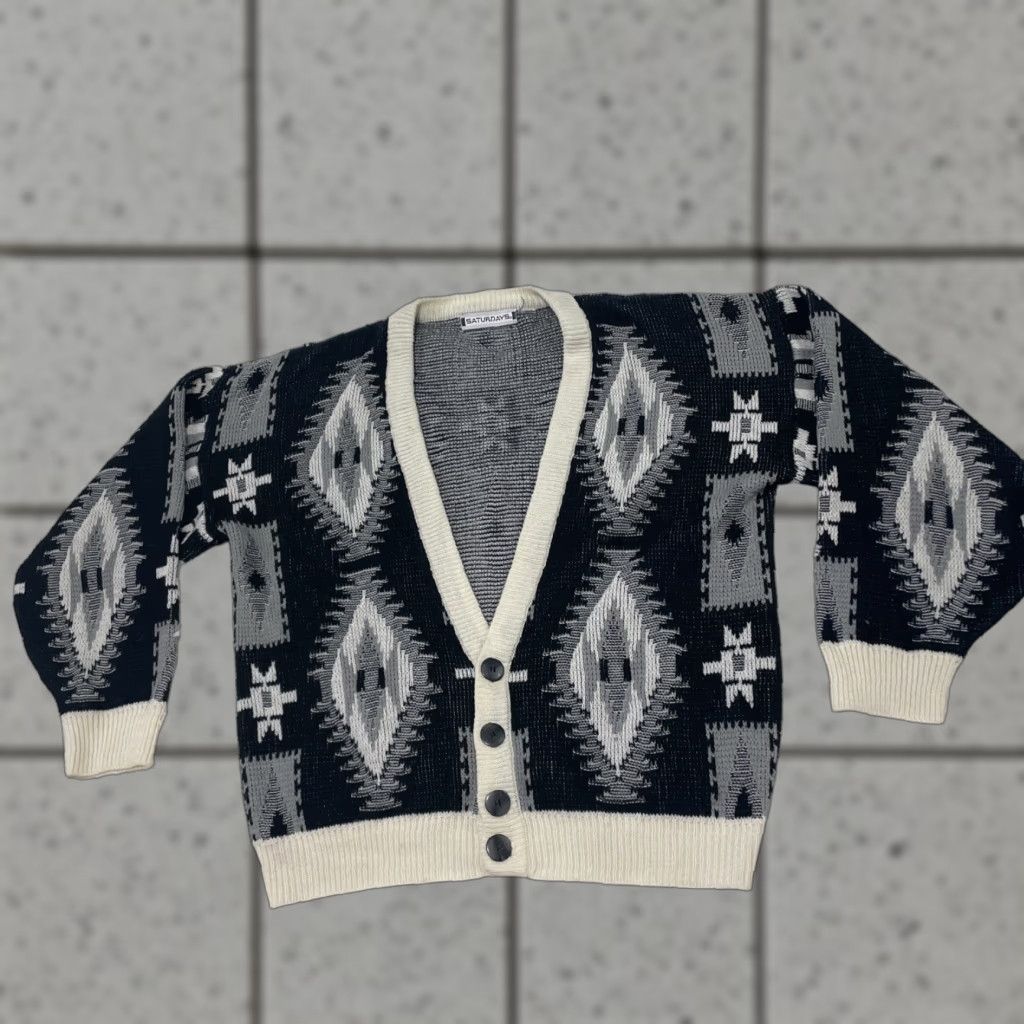 Saturdays NYC SATURDAYS Cardigan Sweater Geometric Black White Vintage 90s S Mens V-Neck Knit Crew Deck Casual Party/Cocktail Travel All Seasons Size US S / EU 44-46 / 1 - 1 Thumbnail