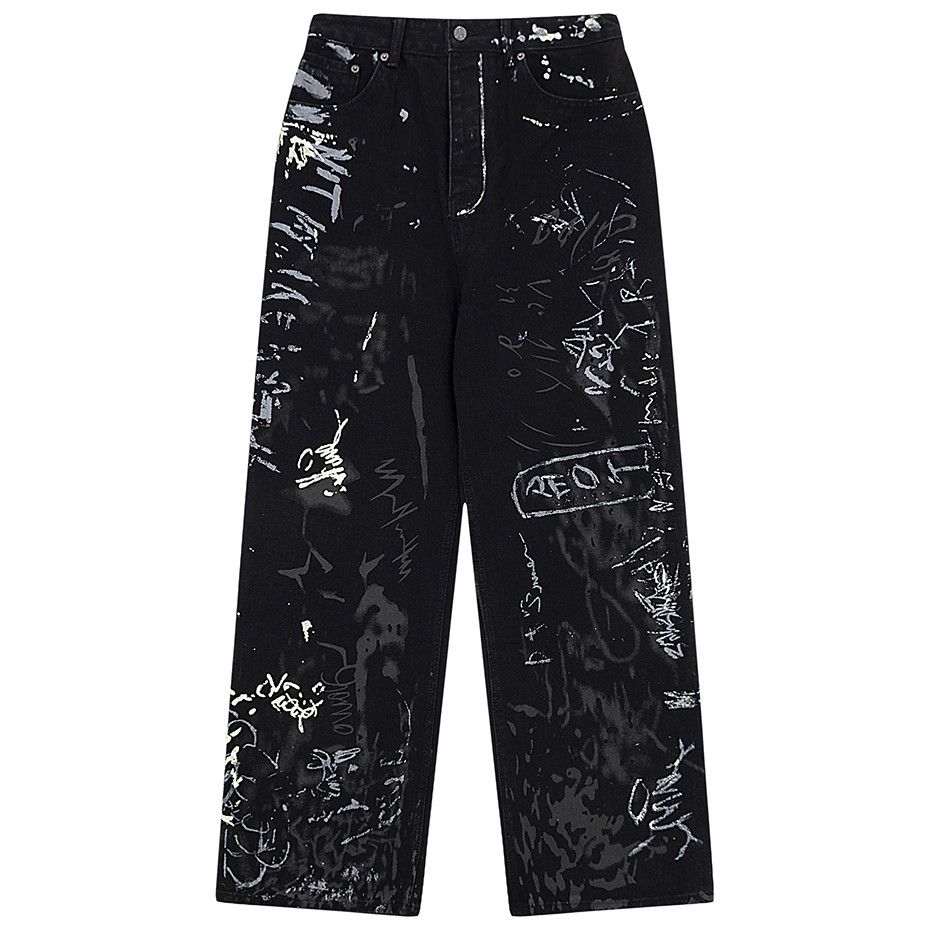 image of Baggy Jeans Graffiti Letter Black Loose, Men's (Size 26)