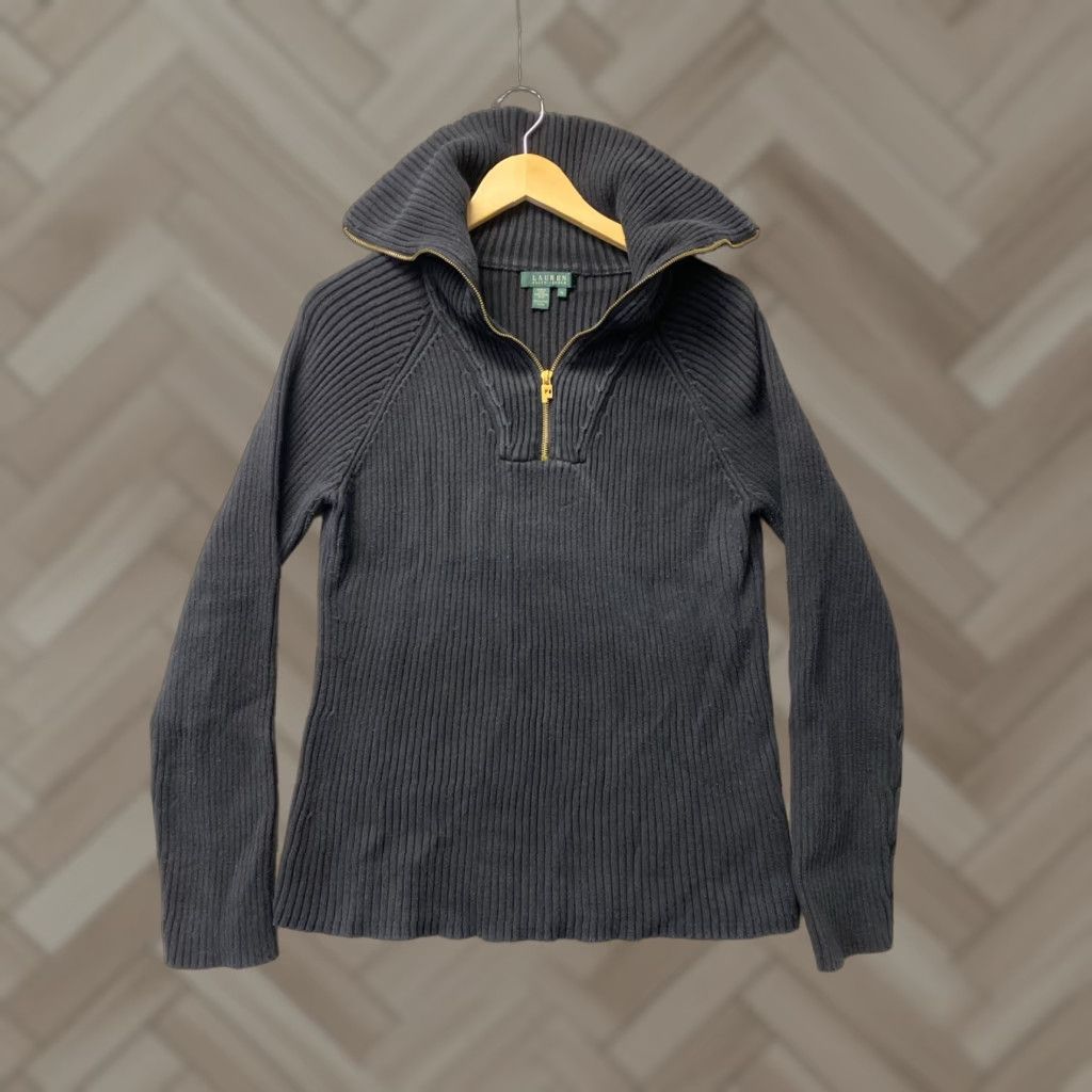 Ralph Lauren VINTAGE Ralph Lauren Ribbed Sweater Women’s L Black 1/4 Gold Zip Front Cotton Pullover Womens L Black 1/4 Zip Ralph Lauren Sweater Size L / US 10 / IT 46 - 1 Thumbnail
