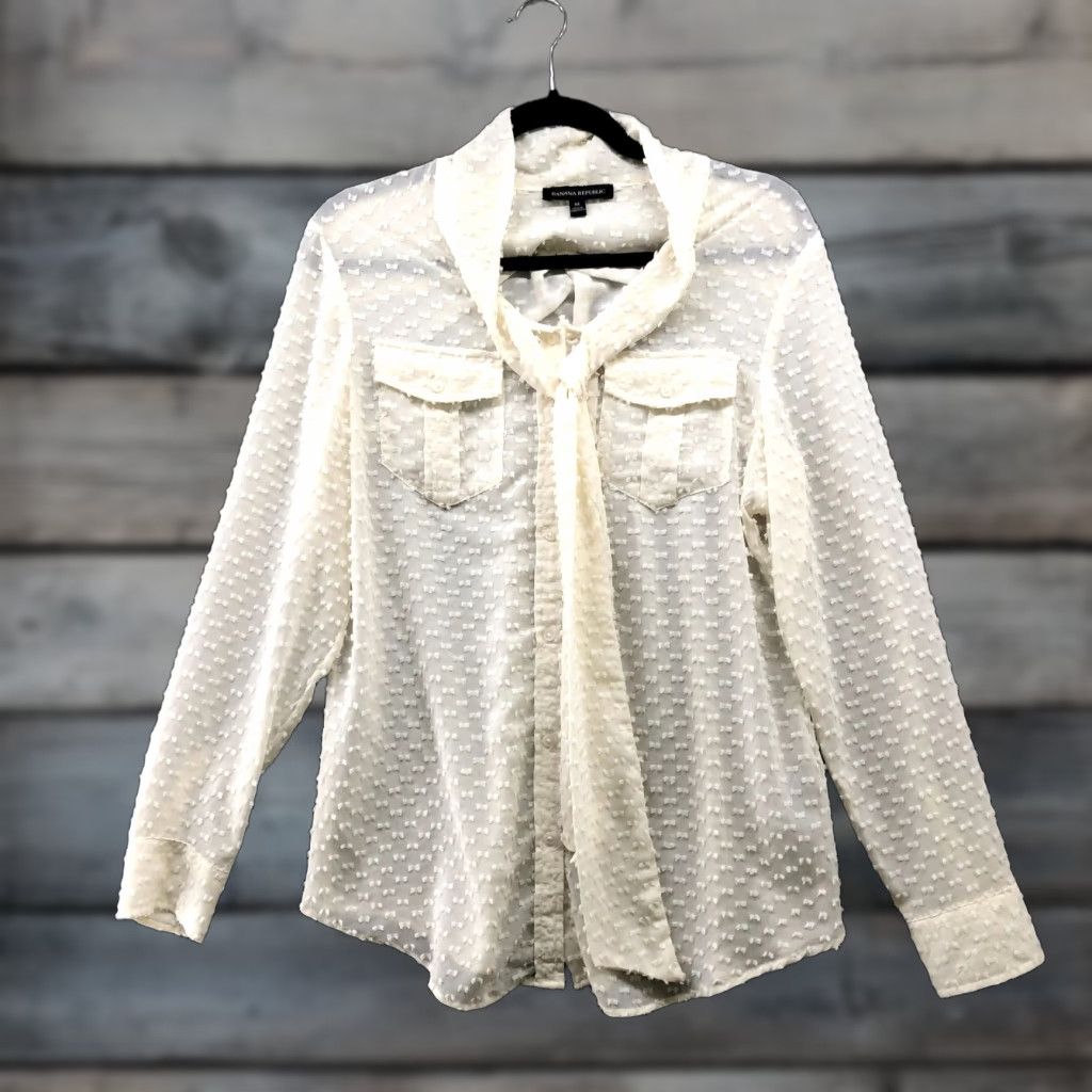Banana Republic Banana Republic Blouse Women's M Ivory Chiffon Swiss Dot Tie Neck Long Sleeve Button Down Casual Workwear Formal Office Size M / US 6-8 / IT 42-44 - 1 Thumbnail