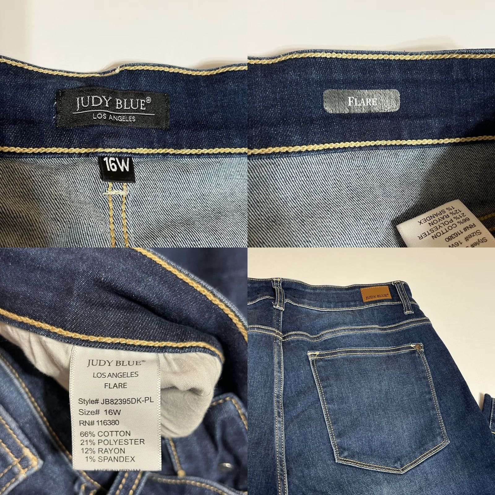Vintage Judy Blue Flare Jeans Womens 16W High Rise Stretch Blue Denim 5-Pocket Zip Raw Hem Bohemian City Fashion Size 24" / US 00 / IT 34 - 8 Thumbnail