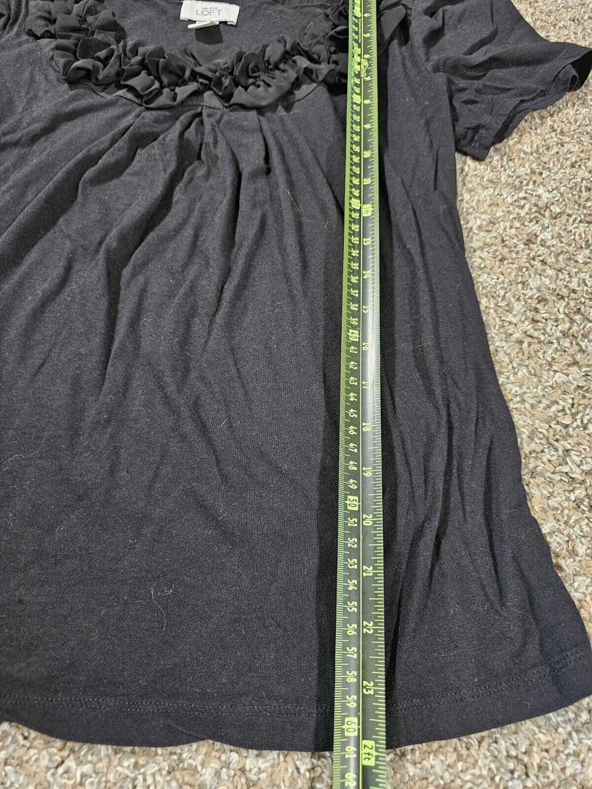 Designer Ann Taylor LOFT Black Modal Short Sleeve Ruffled Neck Top M Size M / US 6-8 / IT 42-44 - 5 Thumbnail