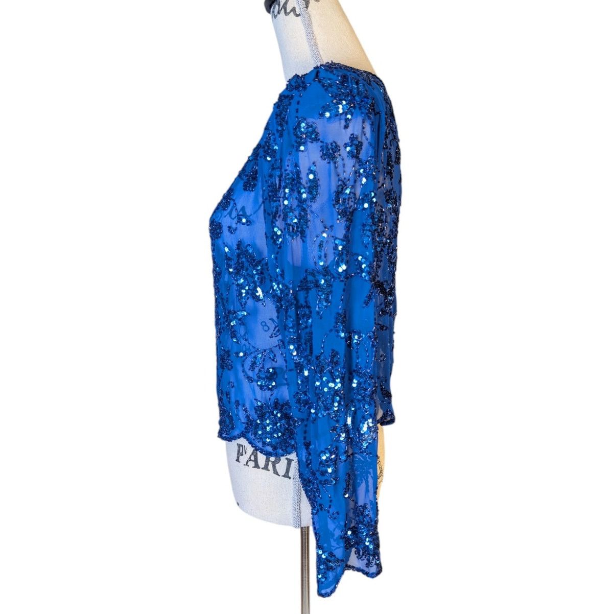 Vintage Vintage 80s Blue Sequin Beaded Silk Sheer Crop Top Floral Size S / US 4 / IT 40 - 3 Thumbnail