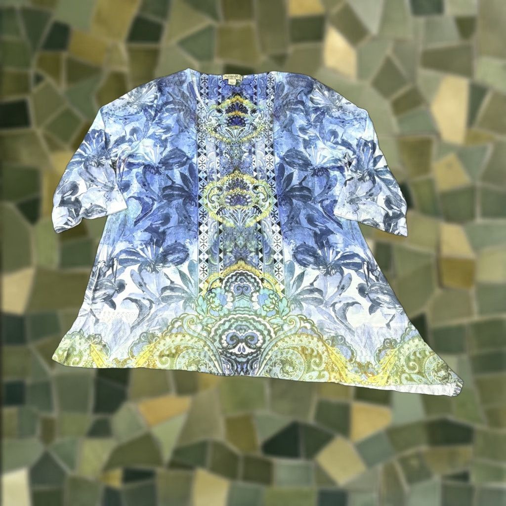 Vintage OneWorld Shirt Womens Large Blue Floral Rhinestone Tunic Top 3/4 Sleeve Stretch Size L / US 10 / IT 46 - 1 Thumbnail