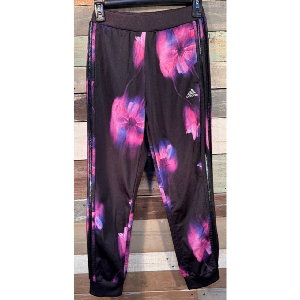 Adidas Girl's ADIDAS Logo Black Pink Floral Pants LARGE (14) Gently Size 36" / US 14 / IT 50 - 1 Thumbnail