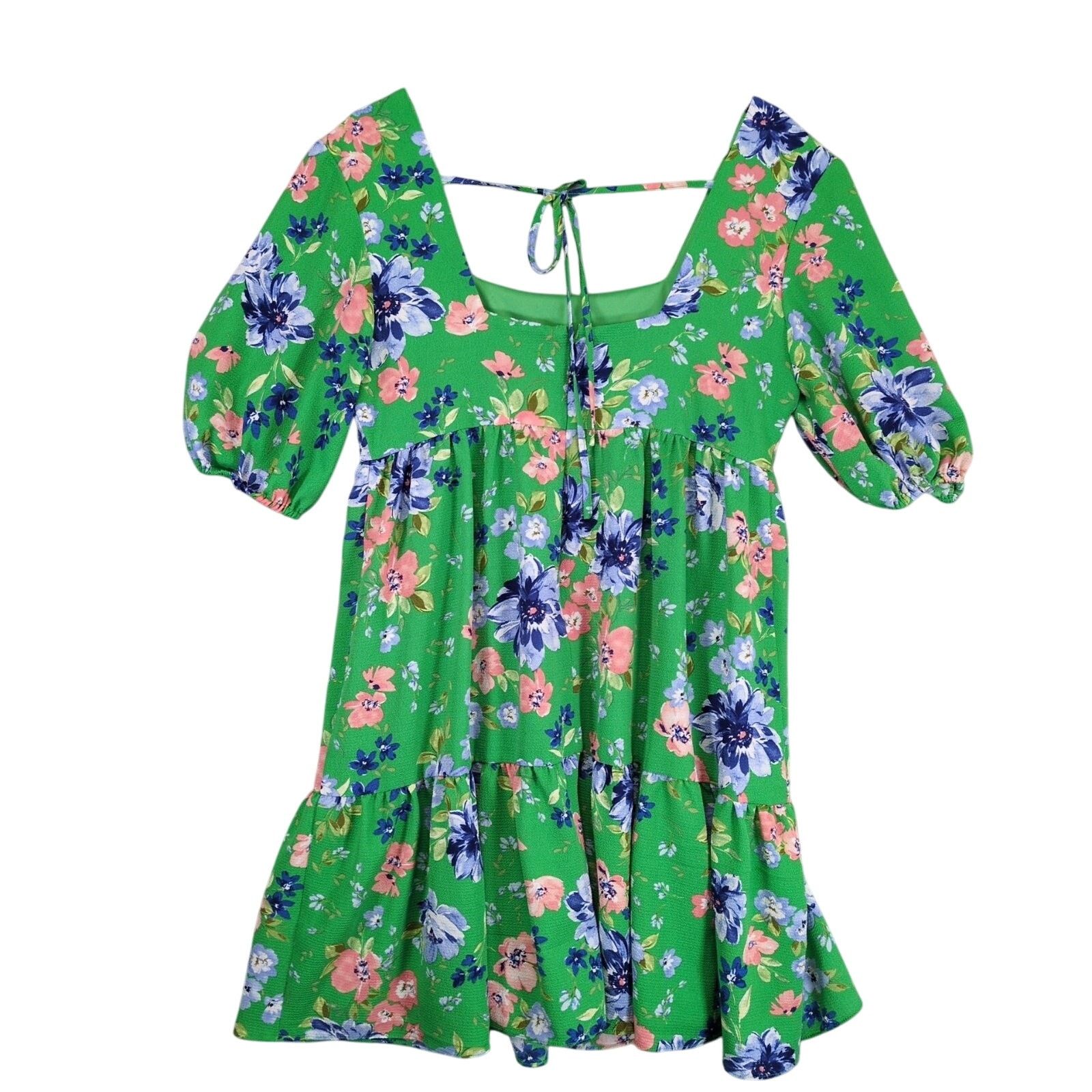 Bcbgmaxazria BCBG Paris Women's M Green Floral Puff Sleeve Tiered Dress Size M / US 6-8 / IT 42-44 - 4 Thumbnail