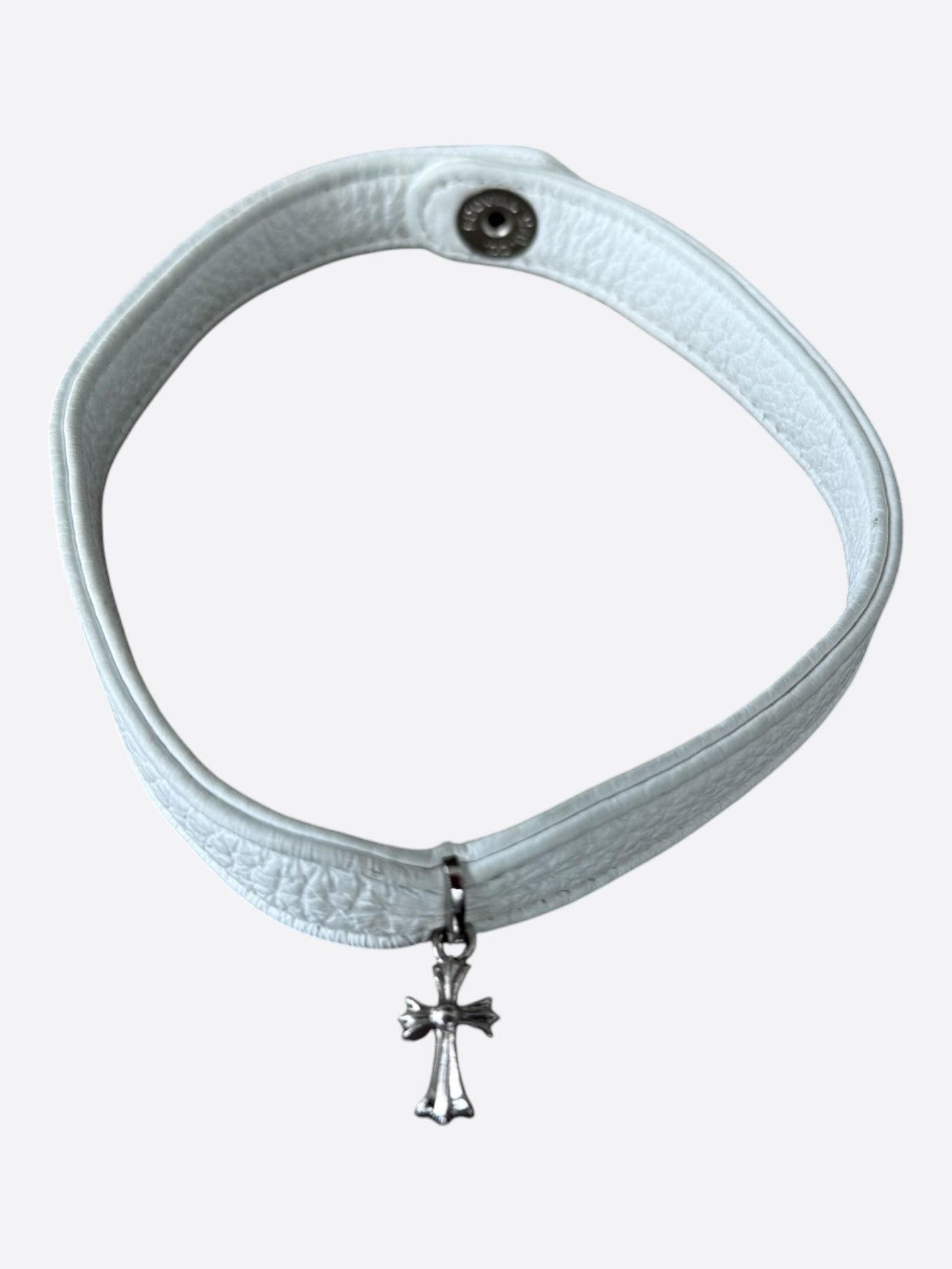 Chrome Hearts White & Rhodium Leather Cross Charm Choker Necklace Size ONE SIZE - 1 Thumbnail