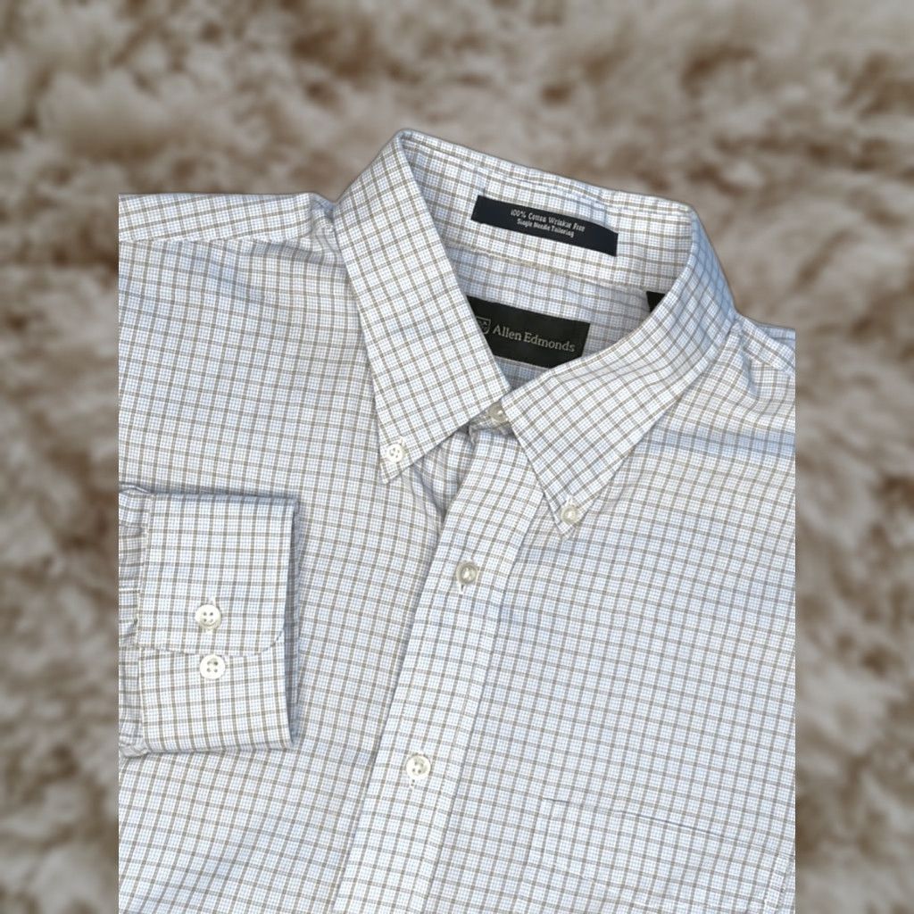 Allen Edmonds Shirt Mens L Blue/Beige Check Wrinkle Free Long Sleeve Button Up
