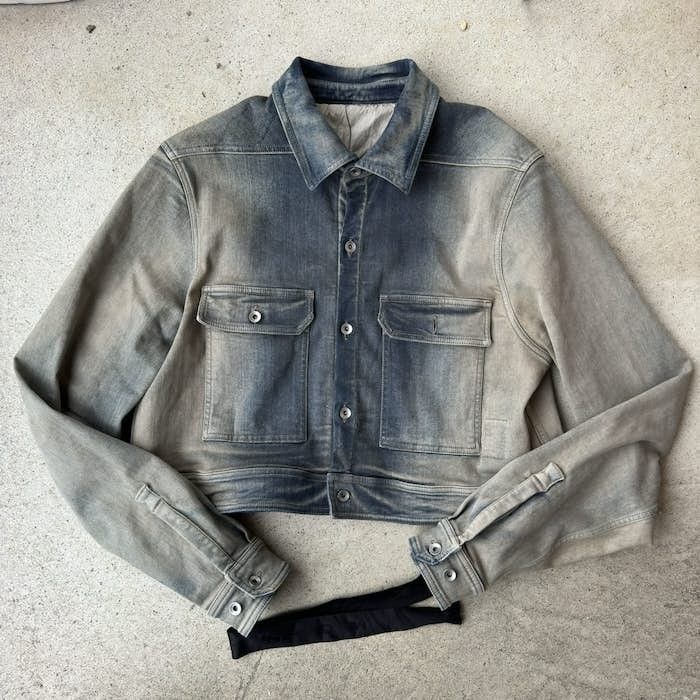 image of Rick Owens x Rick Owens Drkshdw Cropped Denim Jacket In Mineral Pearl, Women's (Size Large)
