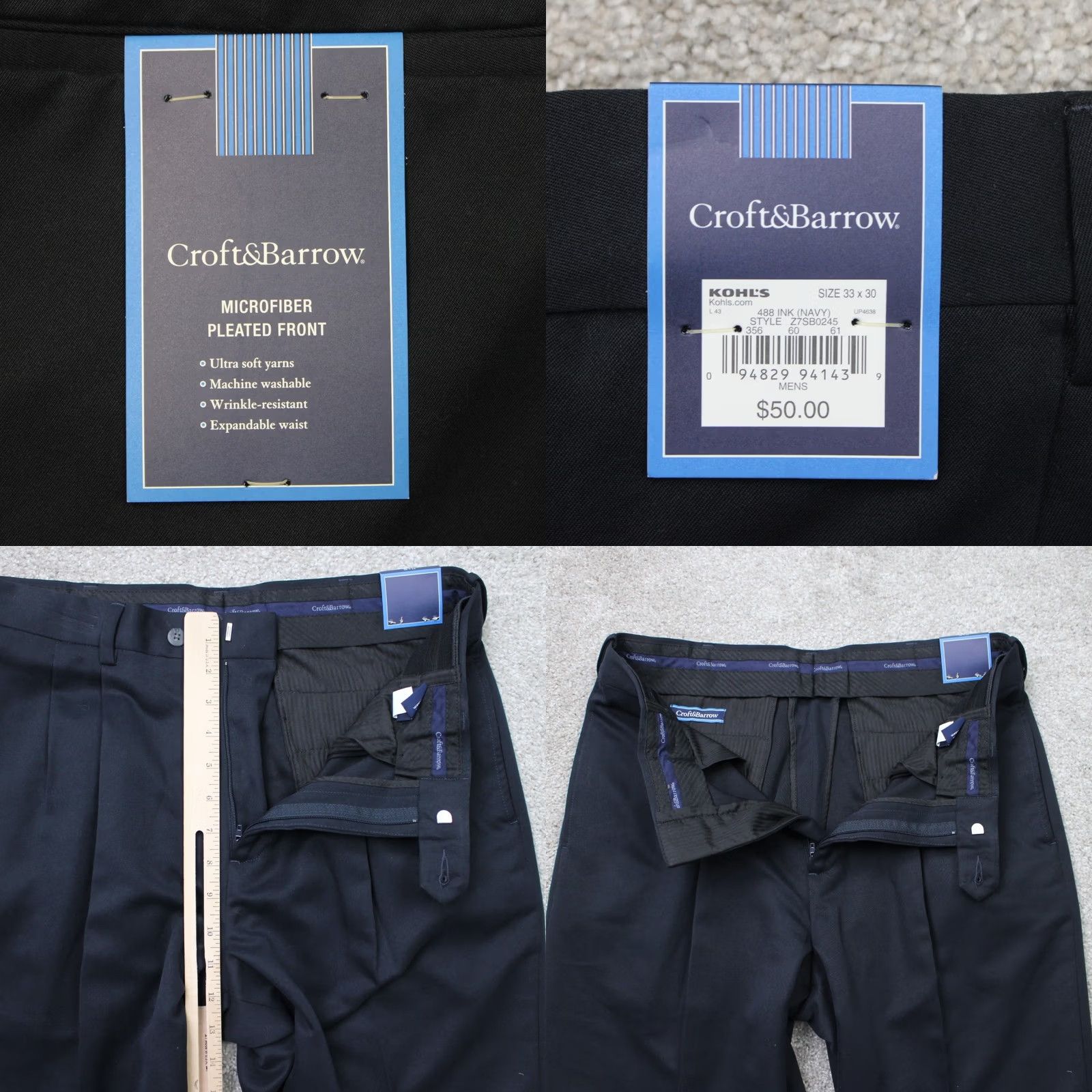 Croft & Barrow Croft & Barrow Pants Mens 33x30 Blue White Pleated Dress Pants Wrinkle Resistant Classic Slit Pocket Button Machine Washable 100% Polyester NWT Linen? Size US 33 - 8 Thumbnail
