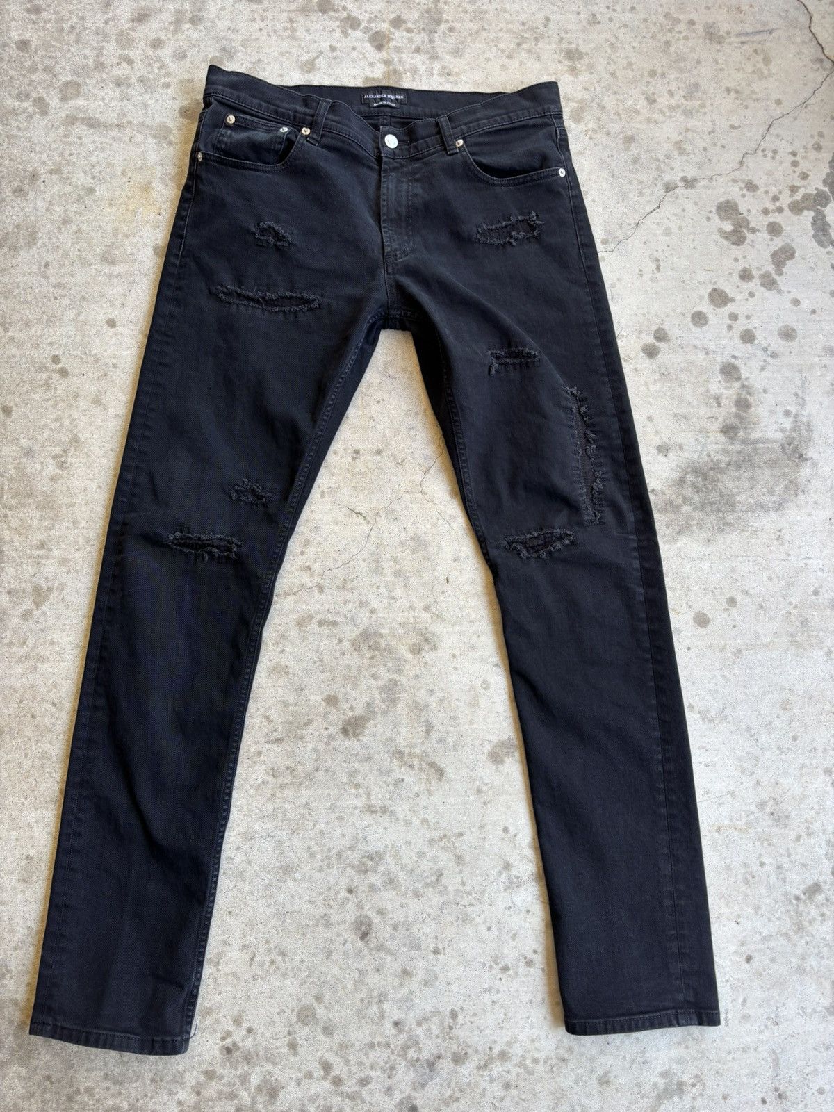 Alexander McQueen Thrashed Black Silk Trimmed Skinny Jeans Size US 34 / EU 50 - 1 Thumbnail
