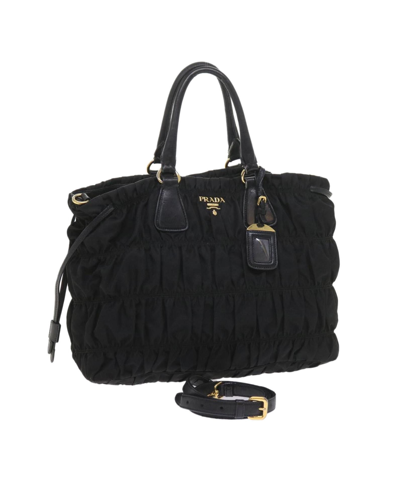 image of Prada Black Gathered Synthetic Shoulder Bag, Women's