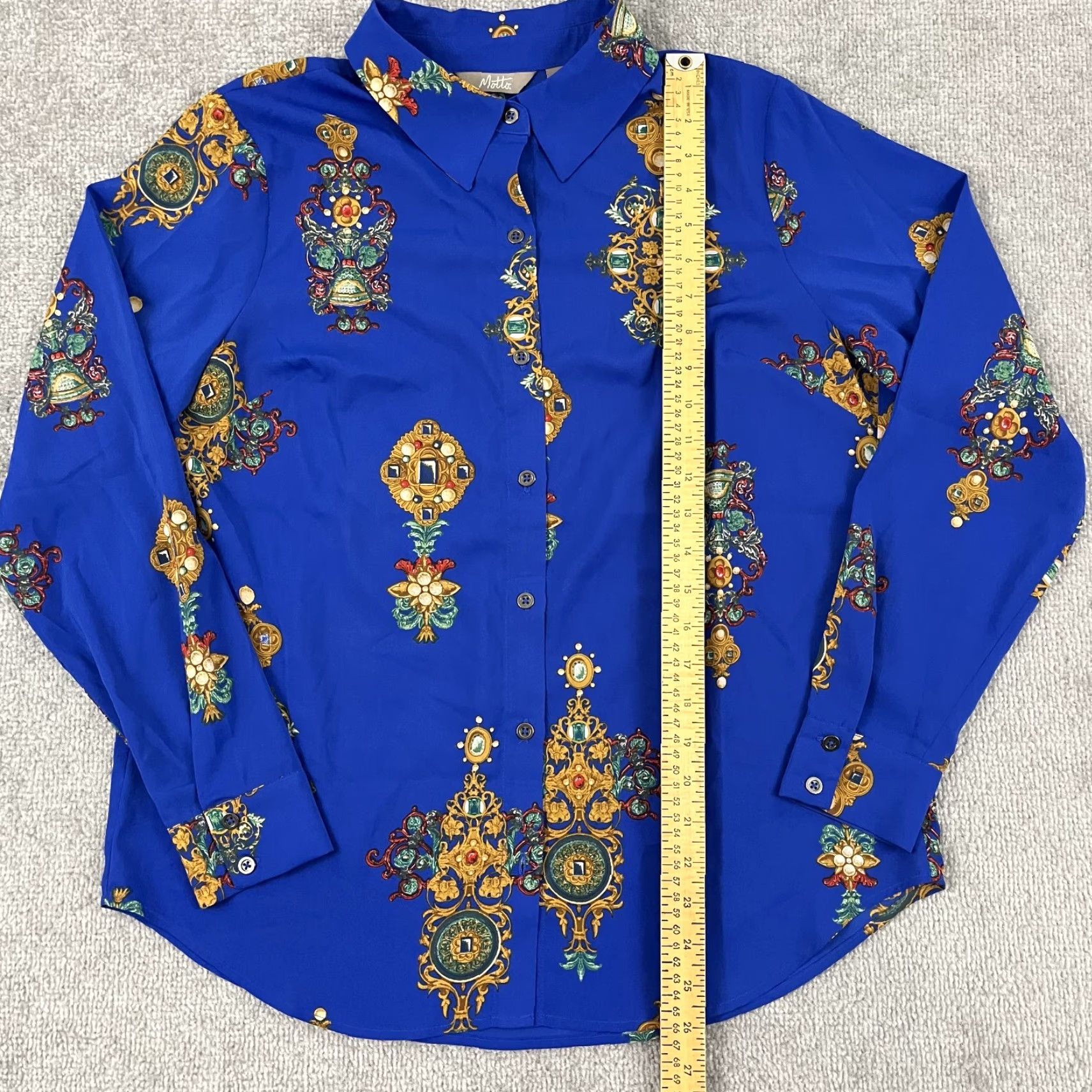 Vintage Motto Shirt Womens Size 8 Button Down Blue Chiffon Jeweled Print Stretch Office Size M / US 6-8 / IT 42-44 - 2 Thumbnail