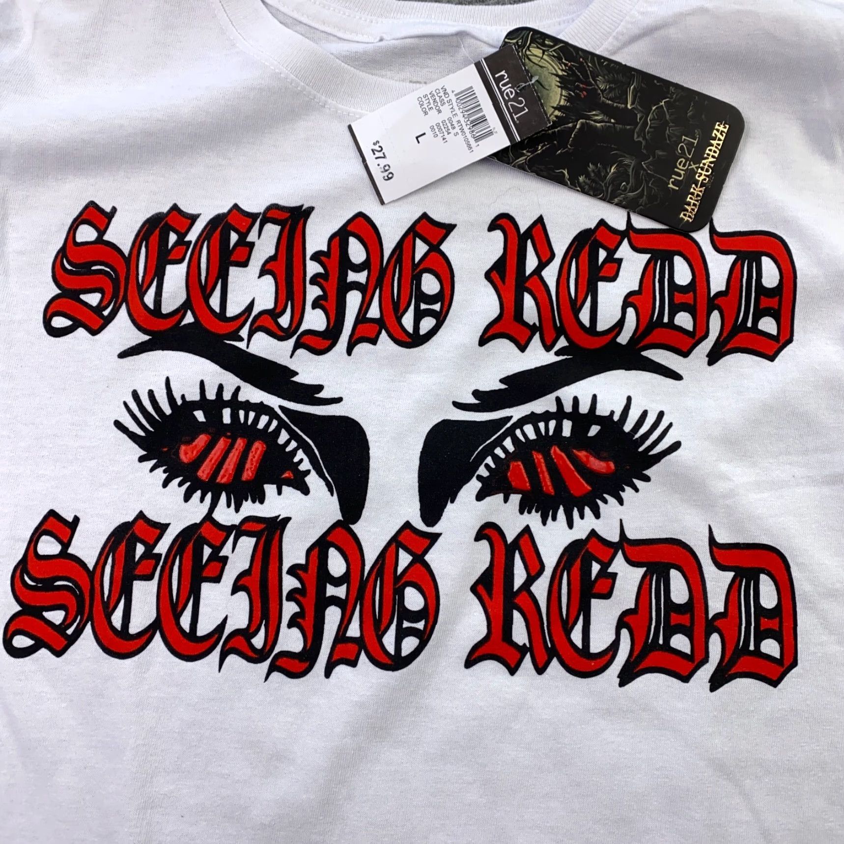 Vintage Seeing Redd Mens Shirt Large White rue21 T-Shirt Crew Neck Short Sleeve Cotton Jersey Graphic Print Classic Beddor Dark Sundaze 90s Mens Size US L / EU 52-54 / 3 - 2 Thumbnail