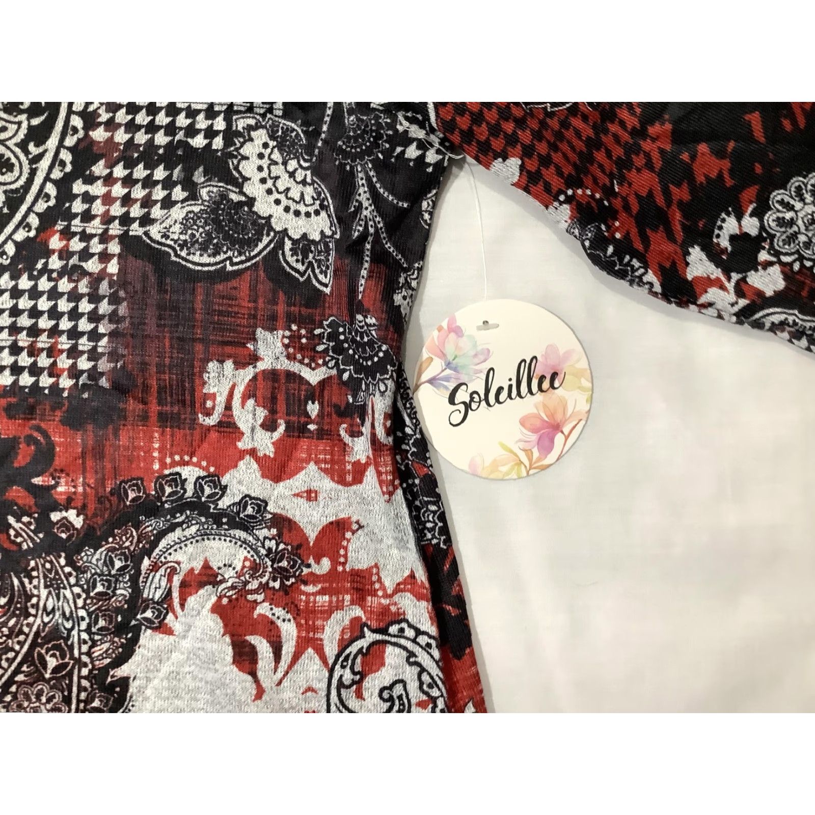 Vintage Soleillee Knit Top Womens 2X Red Paisley Houndstooth Asymmetrical Hem Stretch Shirt Size XXL / US 16-18 / IT 52-54 - 3 Thumbnail
