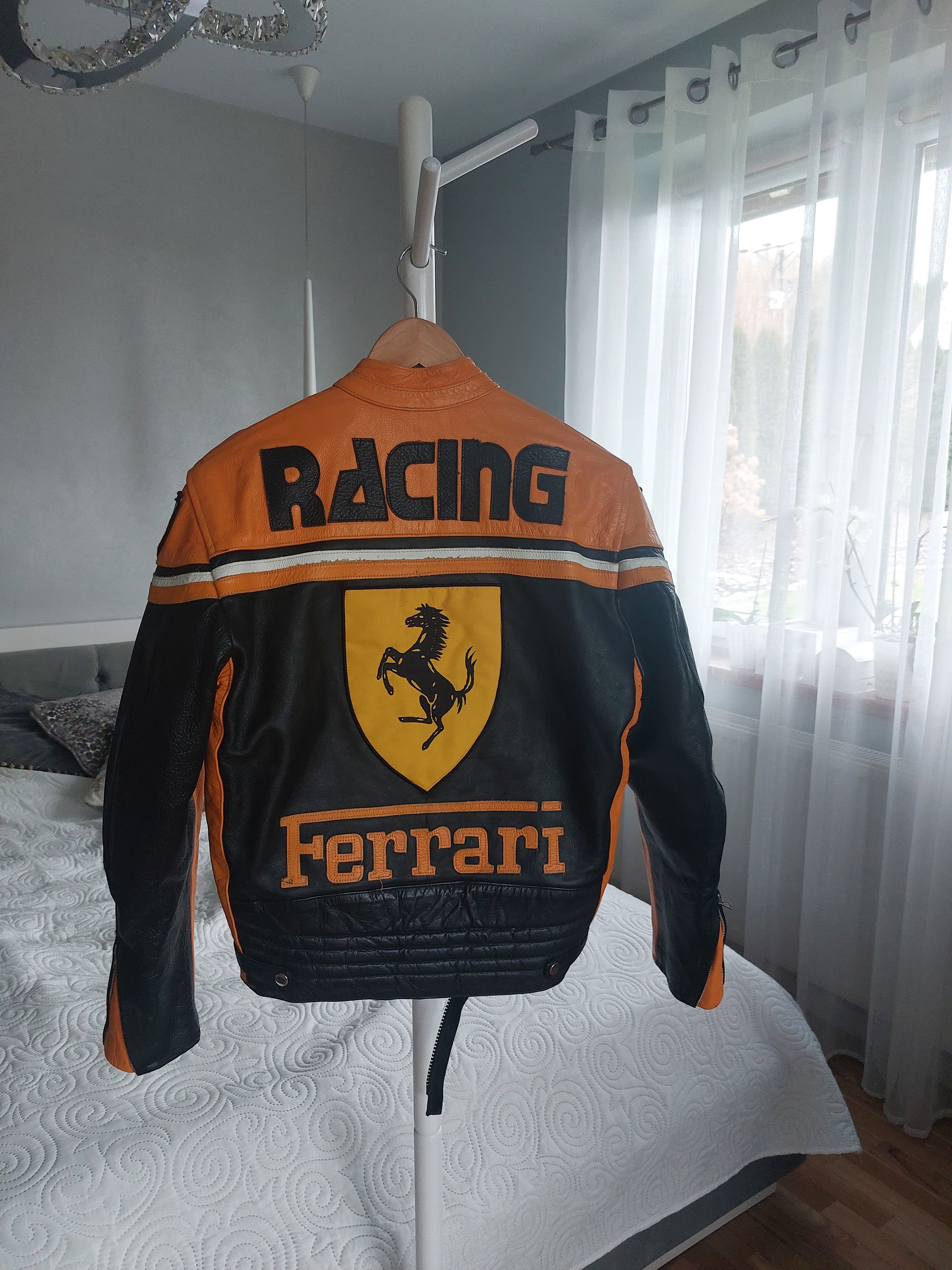 image of Ferrari Racing Jacket Vintage Leather in Black Orange, Men's (Size Small)