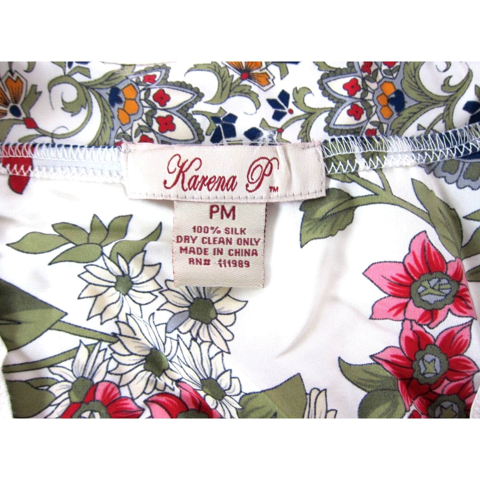 Vintage Karena P 100% Silk Pink Green Blue Orange Floral V-Neck 3/4 Sleeve Blouse PM Blouse Womens Size M / US 6-8 / IT 42-44 - 3 Thumbnail