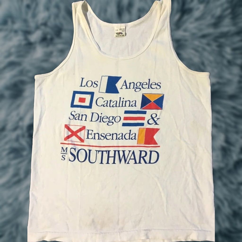 Fruit Of The Loom VINTAGE M/S Southward Tank Top L White Graphic Tee Men Sleeveless 90s Cruise Sailing Nautical Tropical USA Size US L / EU 52-54 / 3 - 1 Thumbnail